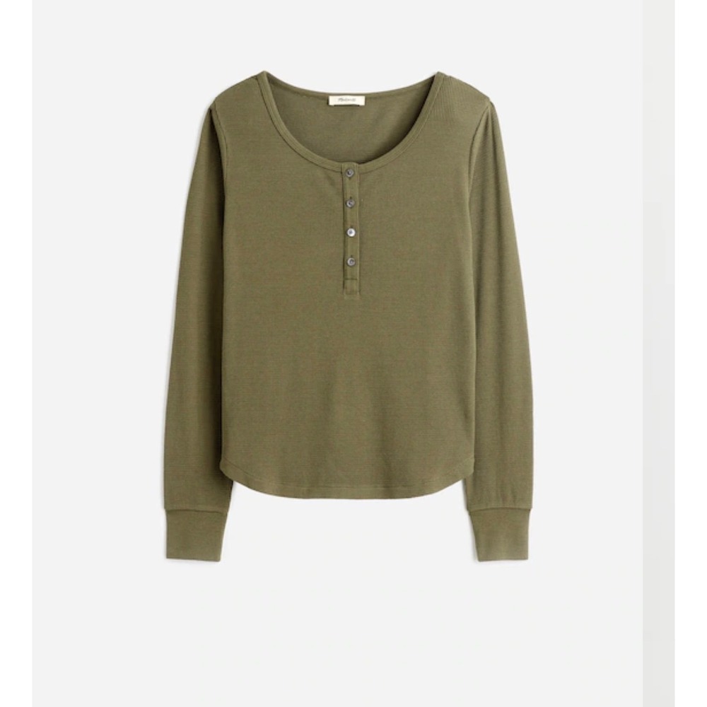 MADEWELL Waffle-Knit Scoop Neck Henley Long Sleeve Top Olive Green XL